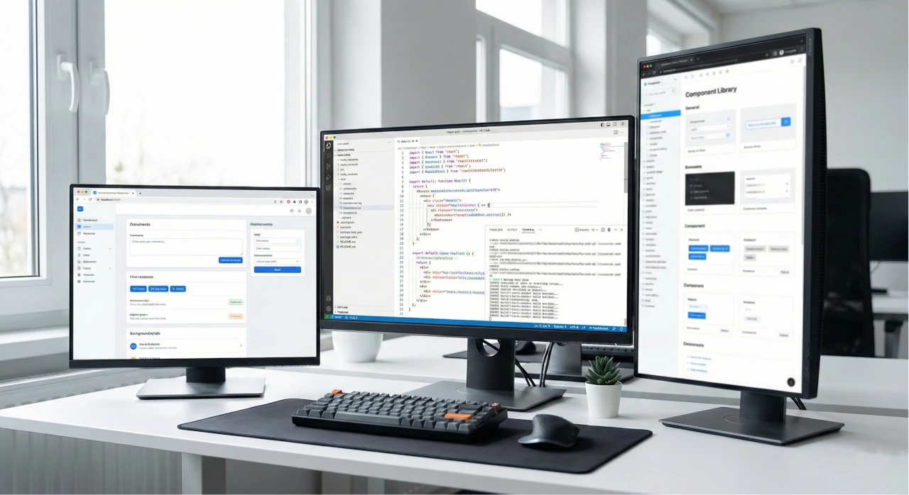 Edytor kodu z podglądem uruchomionej aplikacji na dwóch monitorach