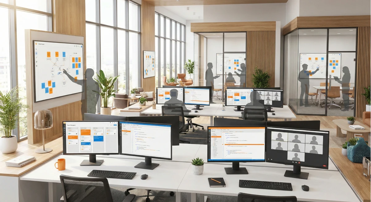 Open space biuro z ekranami i tablicami — współpraca programistów