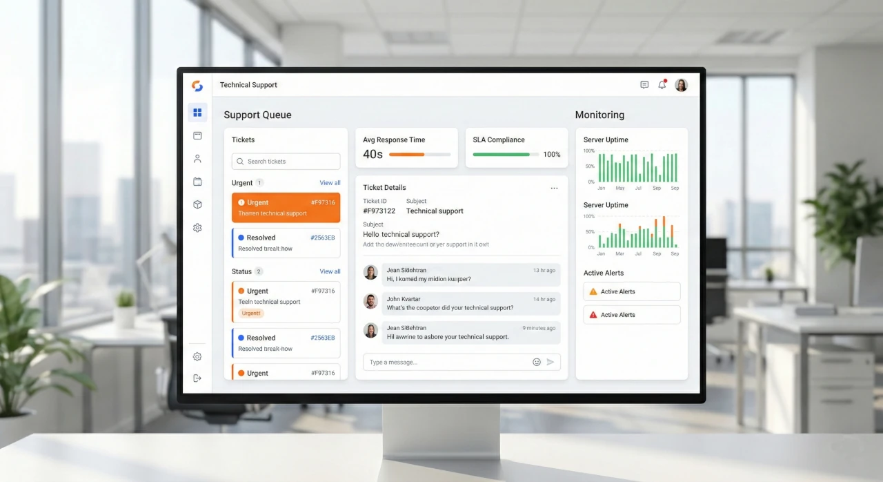 Panel zgłoszeniowy z monitoringiem serwerów i kolejką ticketów