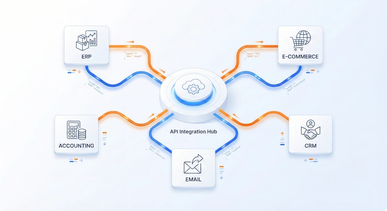 Schemat połączeń API między systemami — hub centralny z przepływem danych