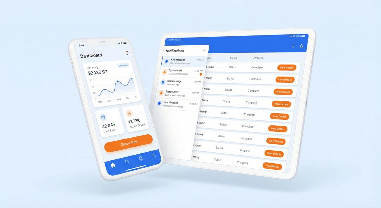 Smartfon i tablet z interfejsem aplikacji mobilnej — dashboard i powiadomienia