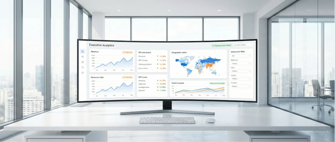 Wykresy KPI i mapa sprzedaży na zakrzywionym monitorze ultrawide